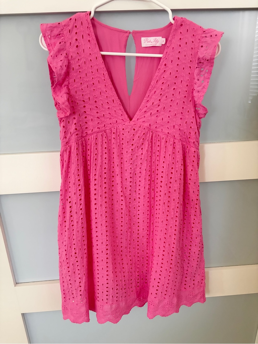 Pink Lily Hot Pink Eyelet V-Neck Mini Dress